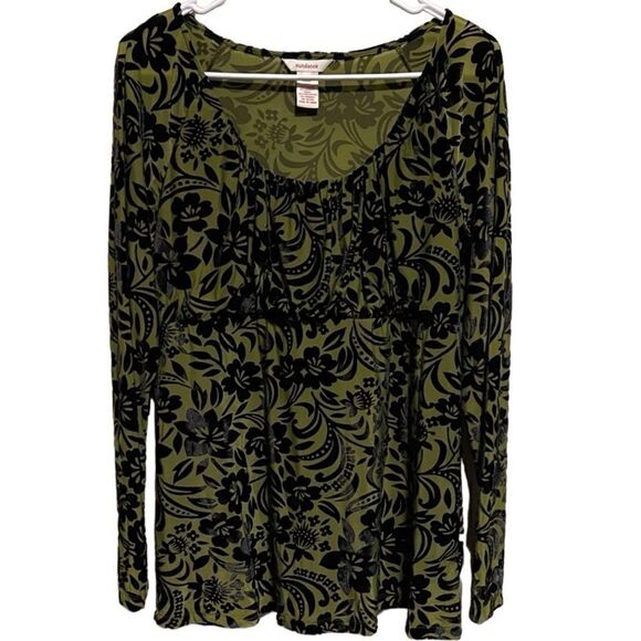 Sundance Catalog- Women Blouson Green w Black Velvet Burnout Top Blouse, Size L - Picture 1 of 8